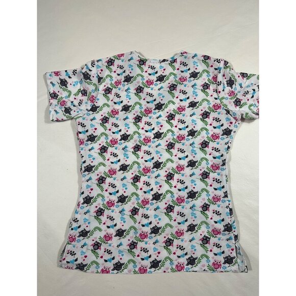 Scrubaid Scrub Top Women's white, hearts, birds and leaves Size M, V neck. - Picture 6 of 8